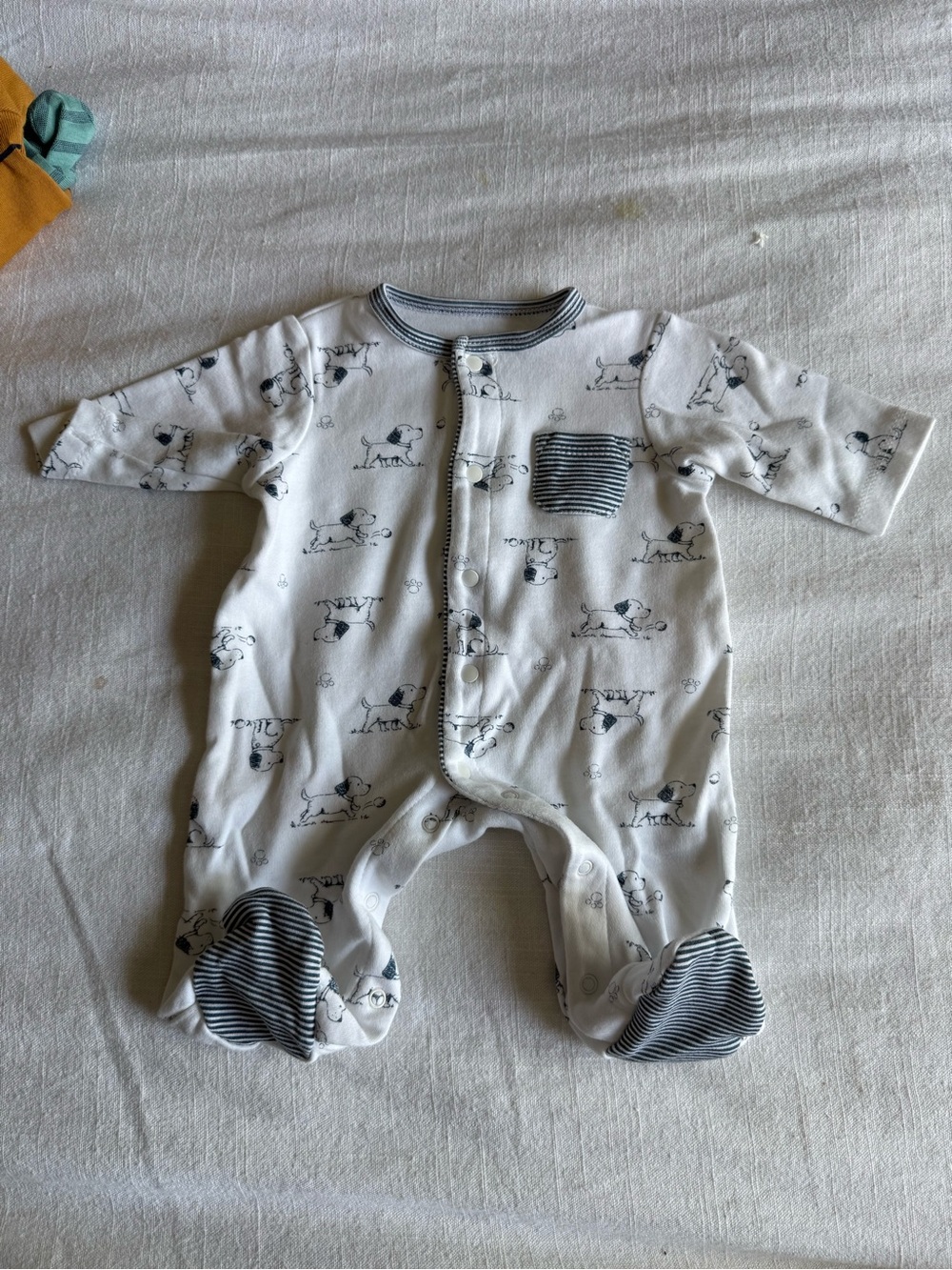 Little Me White Footed One-Piece with Navy Puppy Motif